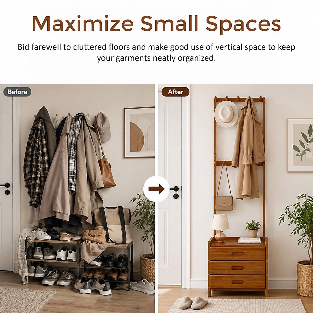 42x165cm Dark Wood Wooden Hall Stand Floor Coat Rack with Drawer Modern Minimalist
