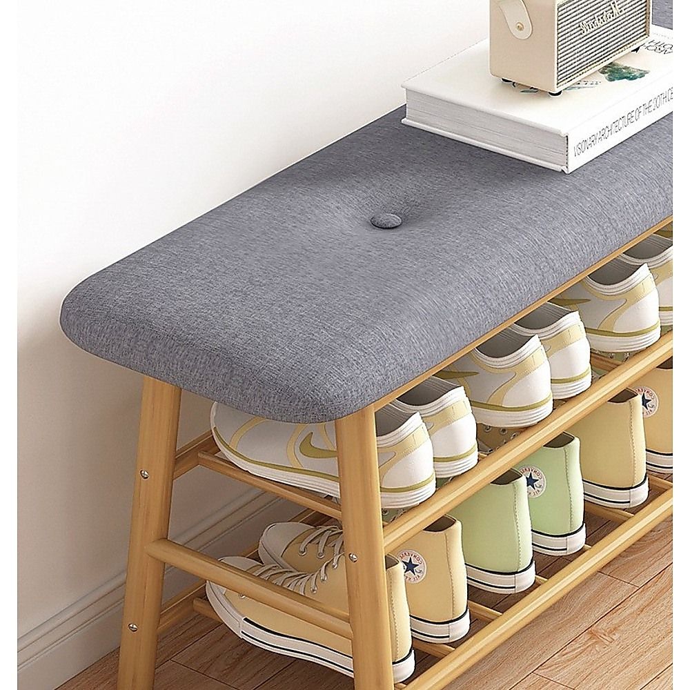 Bamboo Shoe Storage Bench Entryway Shoe Rack Cabinet with Cushion Seat & Hidden Storage