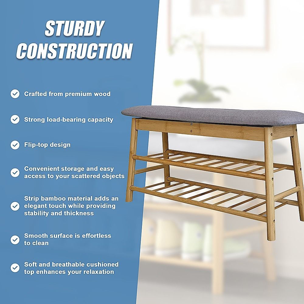 Bamboo Shoe Storage Bench Entryway Shoe Rack Cabinet with Cushion Seat & Hidden Storage