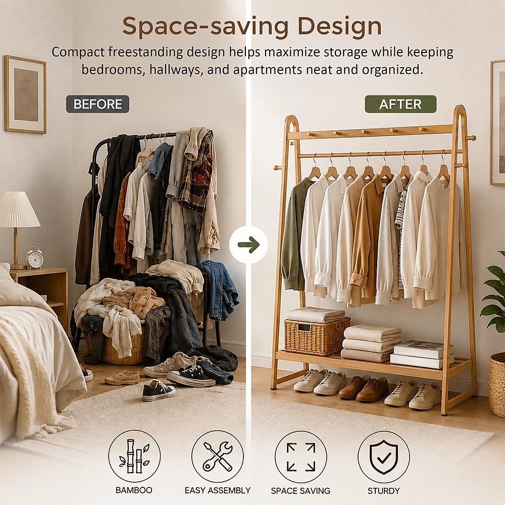 Wood 160x100cm Clothes Rack Slim Stylish Space Saving