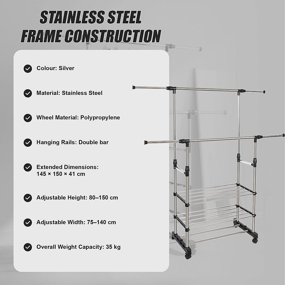 Heavy Duty Commercial Garment Rack Double Bar Rolling Collapsible Clothing Shelf