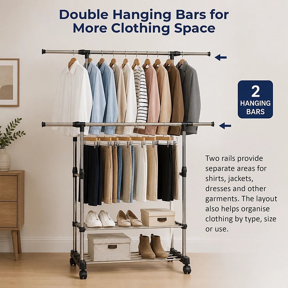 Heavy Duty Commercial Garment Rack Double Bar Rolling Collapsible Clothing Shelf