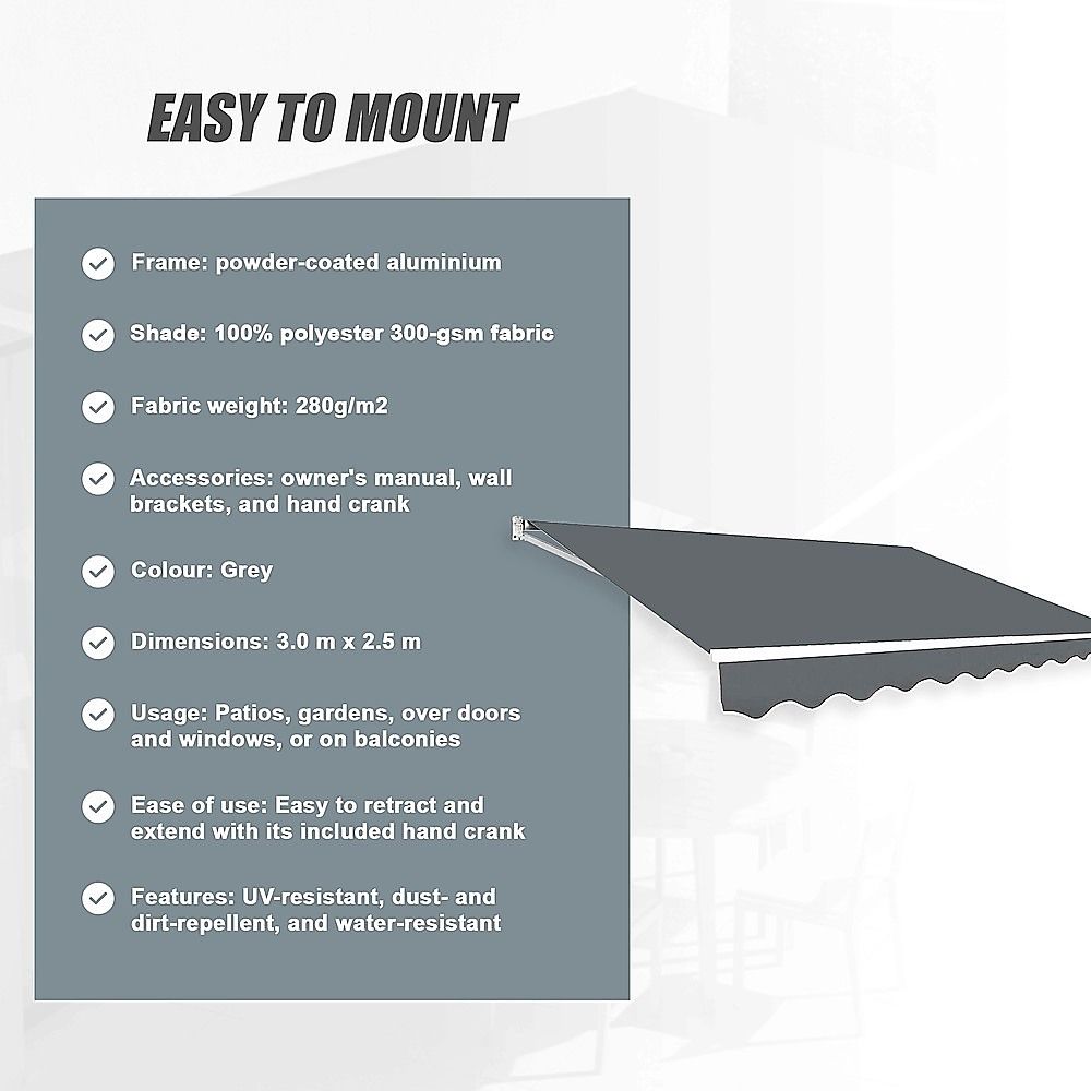 Folding Arm Awning – 3x2.5m Grey Retractable Outdoor Shade