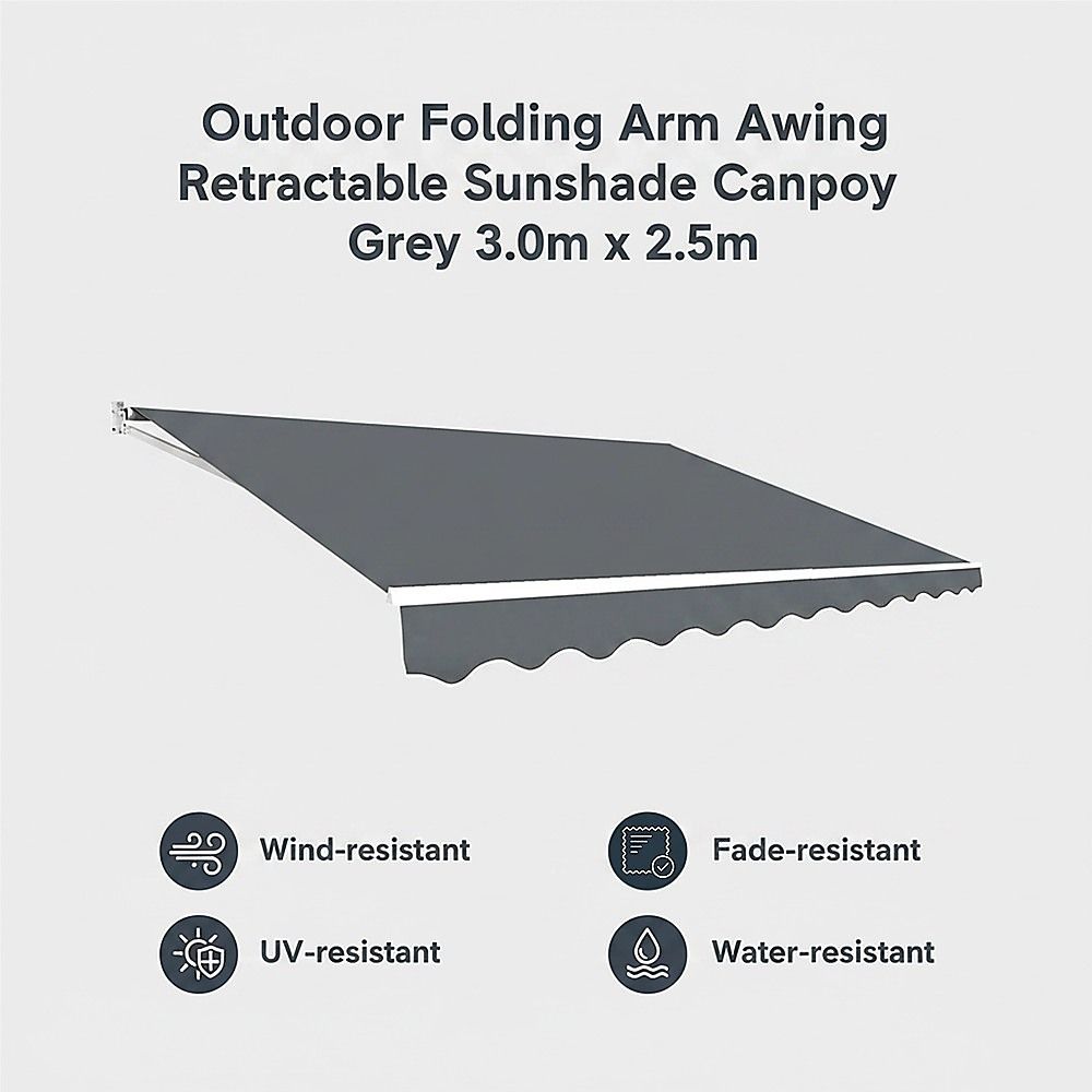 Folding Arm Awning – 3x2.5m Grey Retractable Outdoor Shade