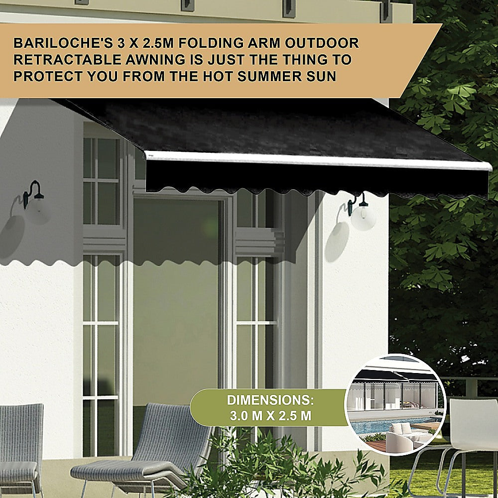 Outdoor Folding Arm Awning Retractable Sunshade Canopy Black 3.0m x 2.5m