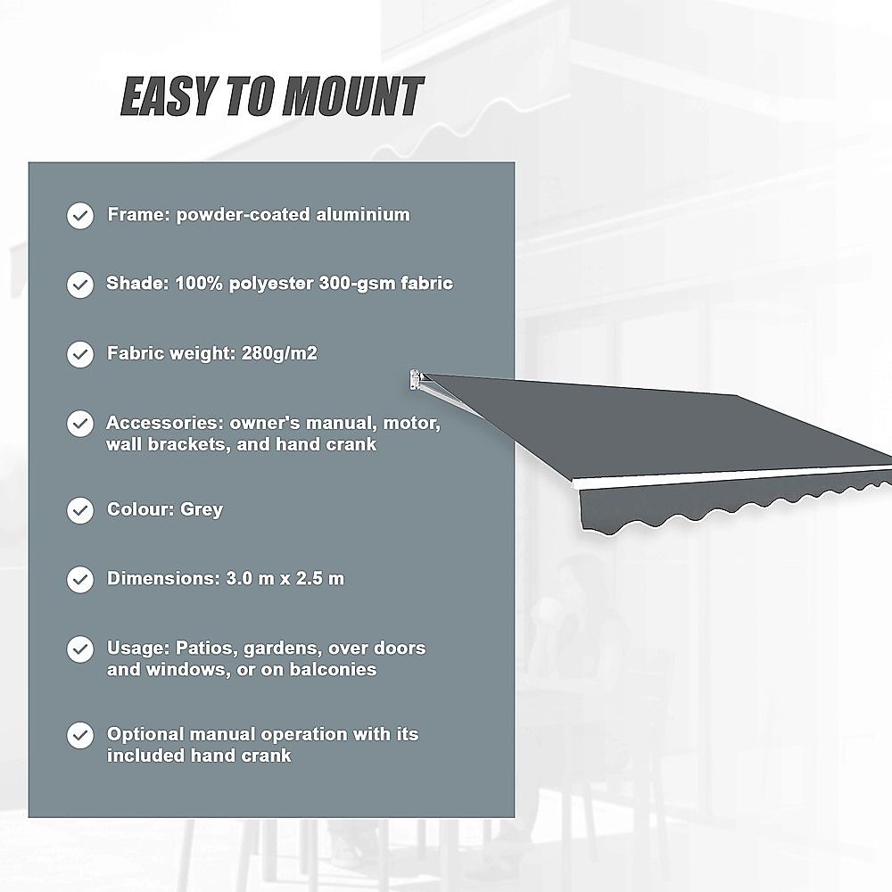Motorised Retractable Awning – 3x2.5m Grey Outdoor Shade