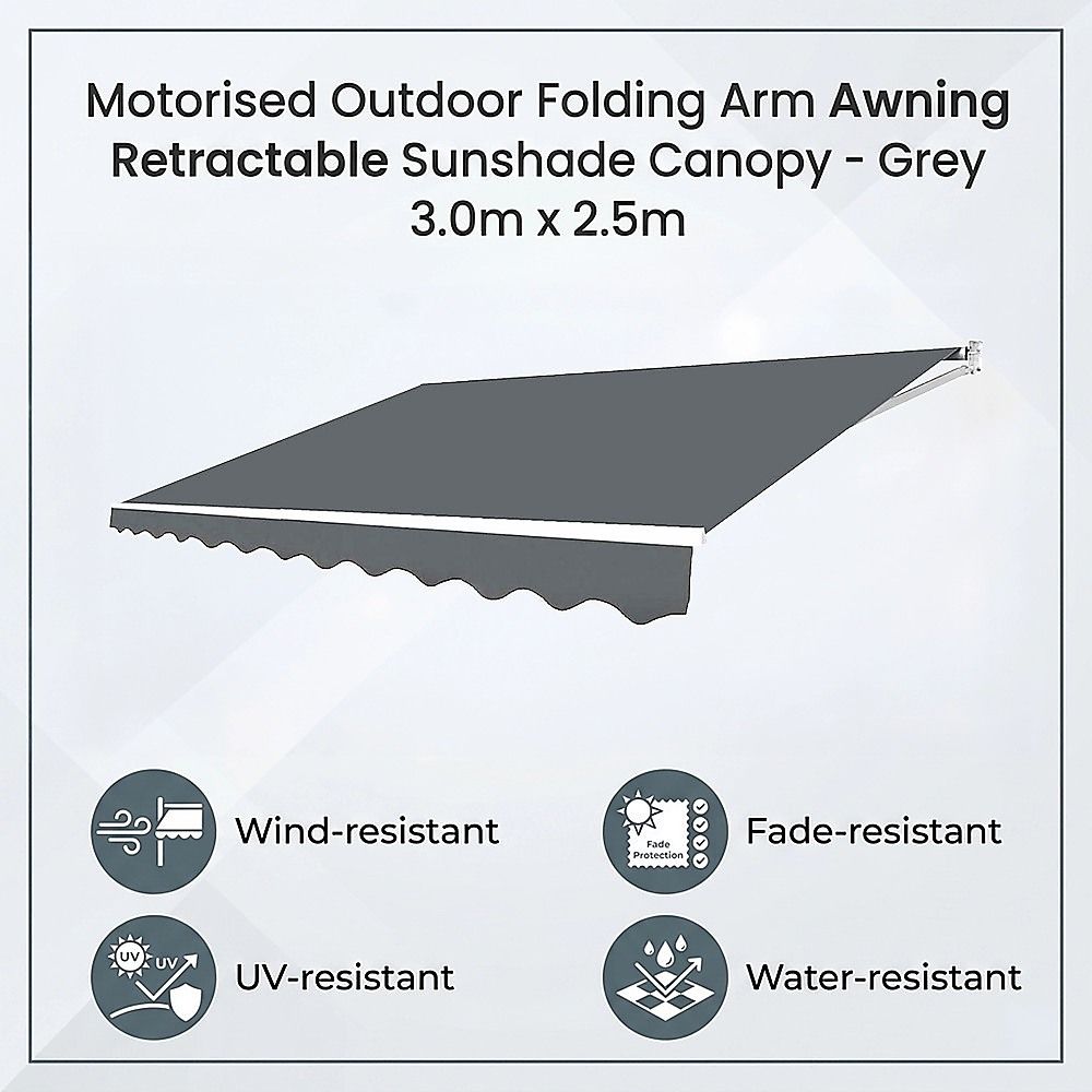 Motorised Retractable Awning – 3x2.5m Grey Outdoor Shade