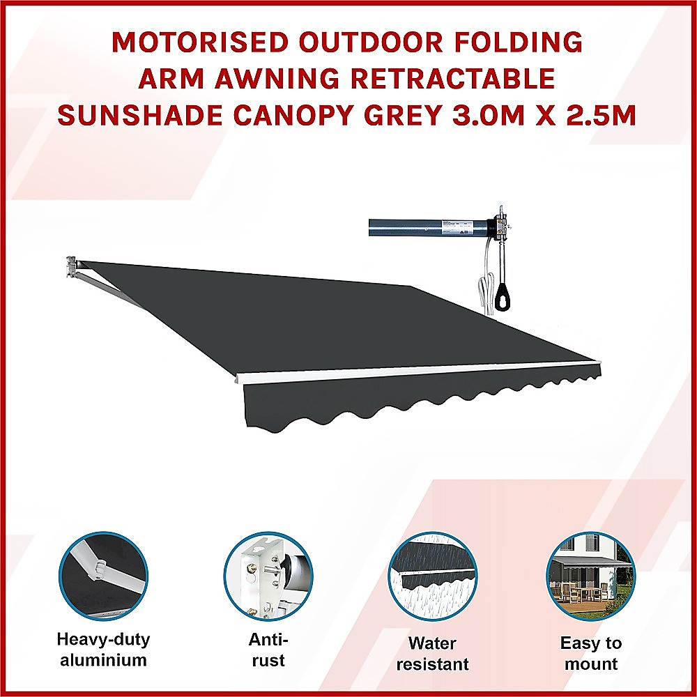 Motorised Outdoor Folding Arm Awning Retractable Sunshade Canopy Grey 3.0m x 2.5m