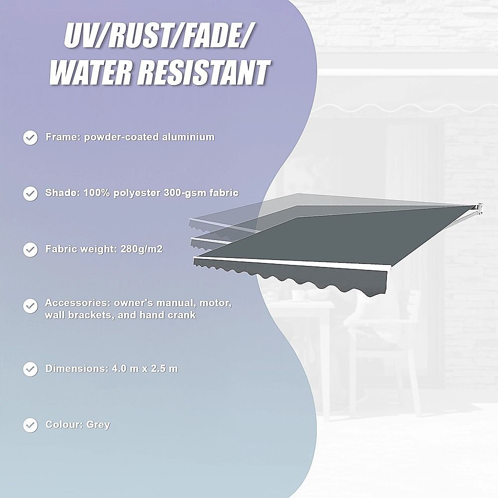 Motorised Retractable Awning – 4x2.5m Grey Outdoor Shade