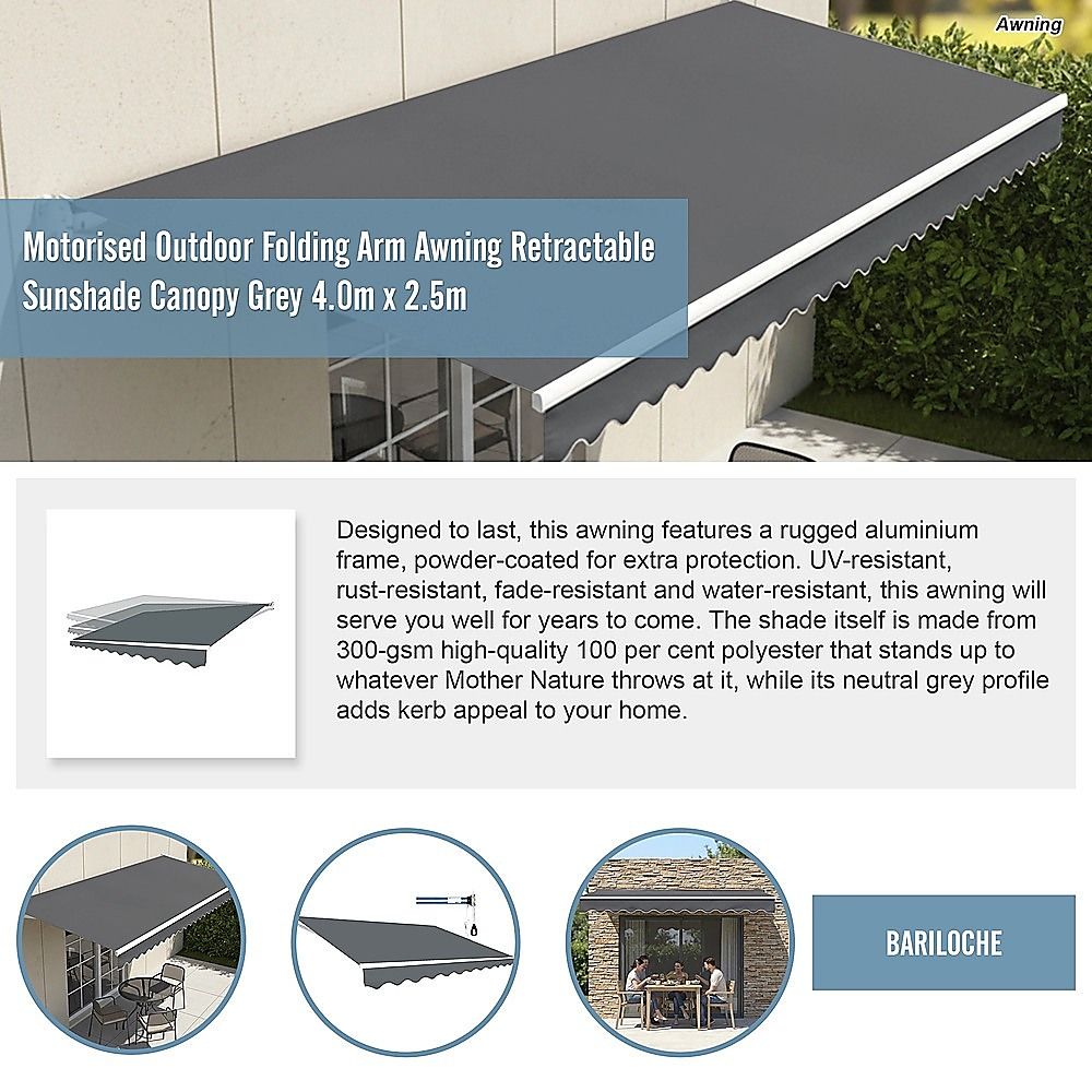 Motorised Retractable Awning – 4x2.5m Grey Outdoor Shade