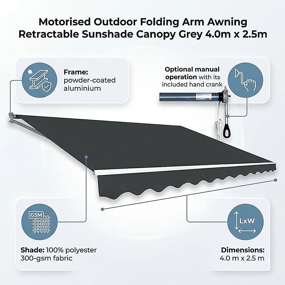 Motorised Retractable Awning – 4x2.5m Grey Outdoor Shade