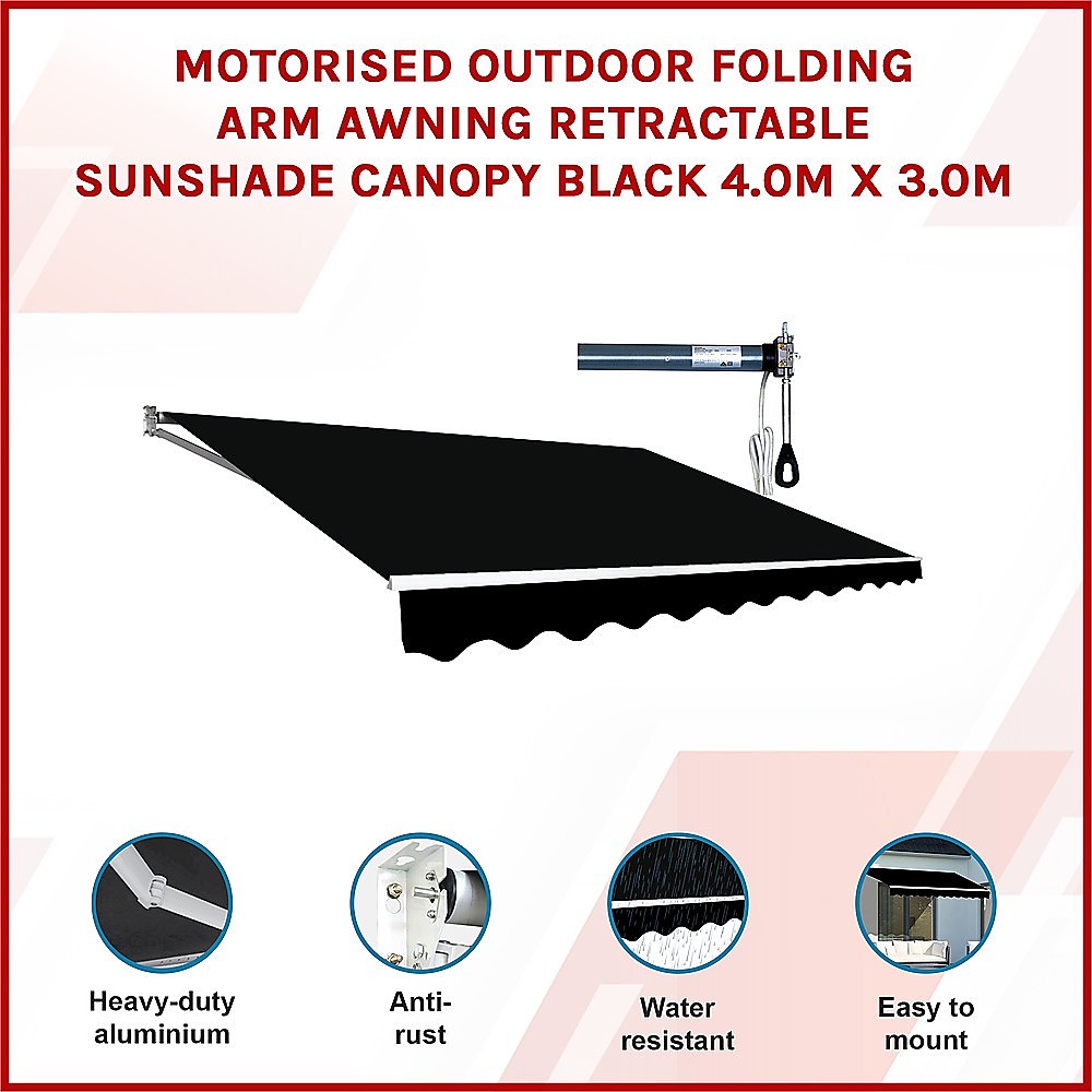 Motorised Outdoor Folding Arm Awning Retractable Sunshade Canopy Black 4.0m x 3.0m