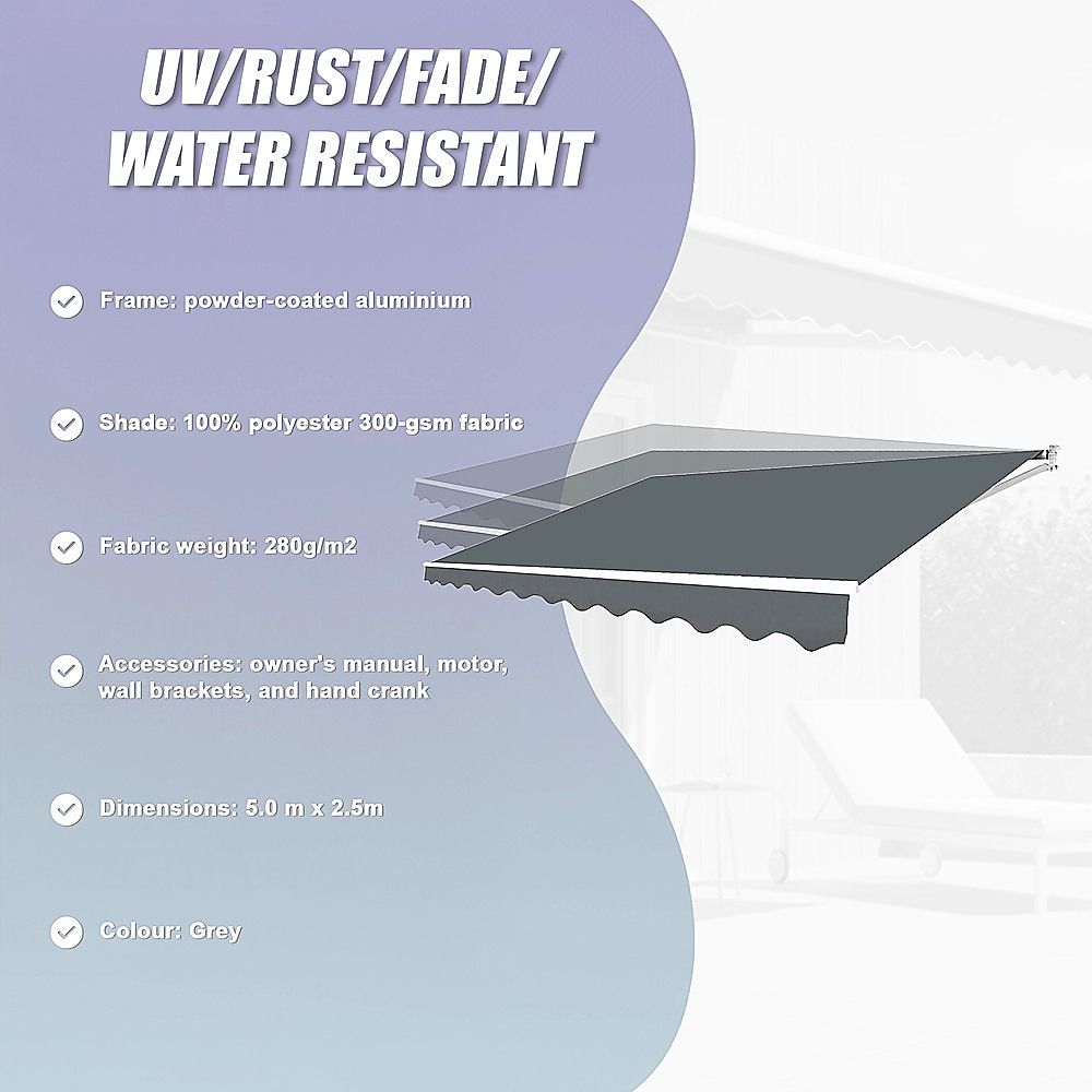 Motorised Retractable Awning – 5x2.5m Grey Outdoor Shade