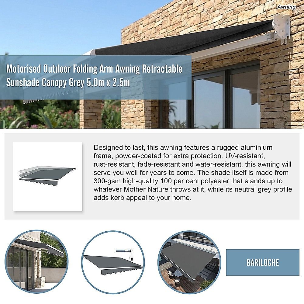 Motorised Retractable Awning – 5x2.5m Grey Outdoor Shade