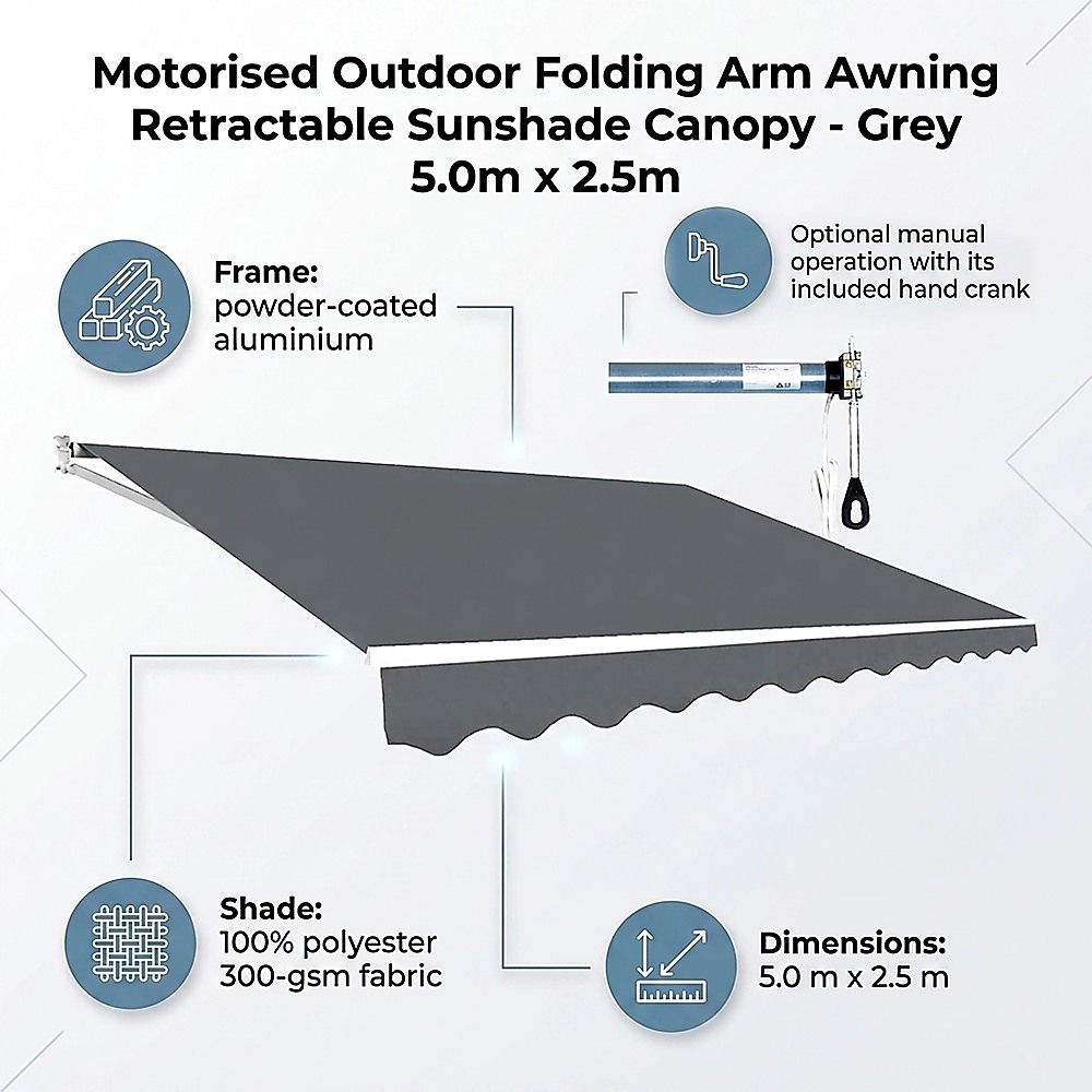 Motorised Retractable Awning – 5x2.5m Grey Outdoor Shade