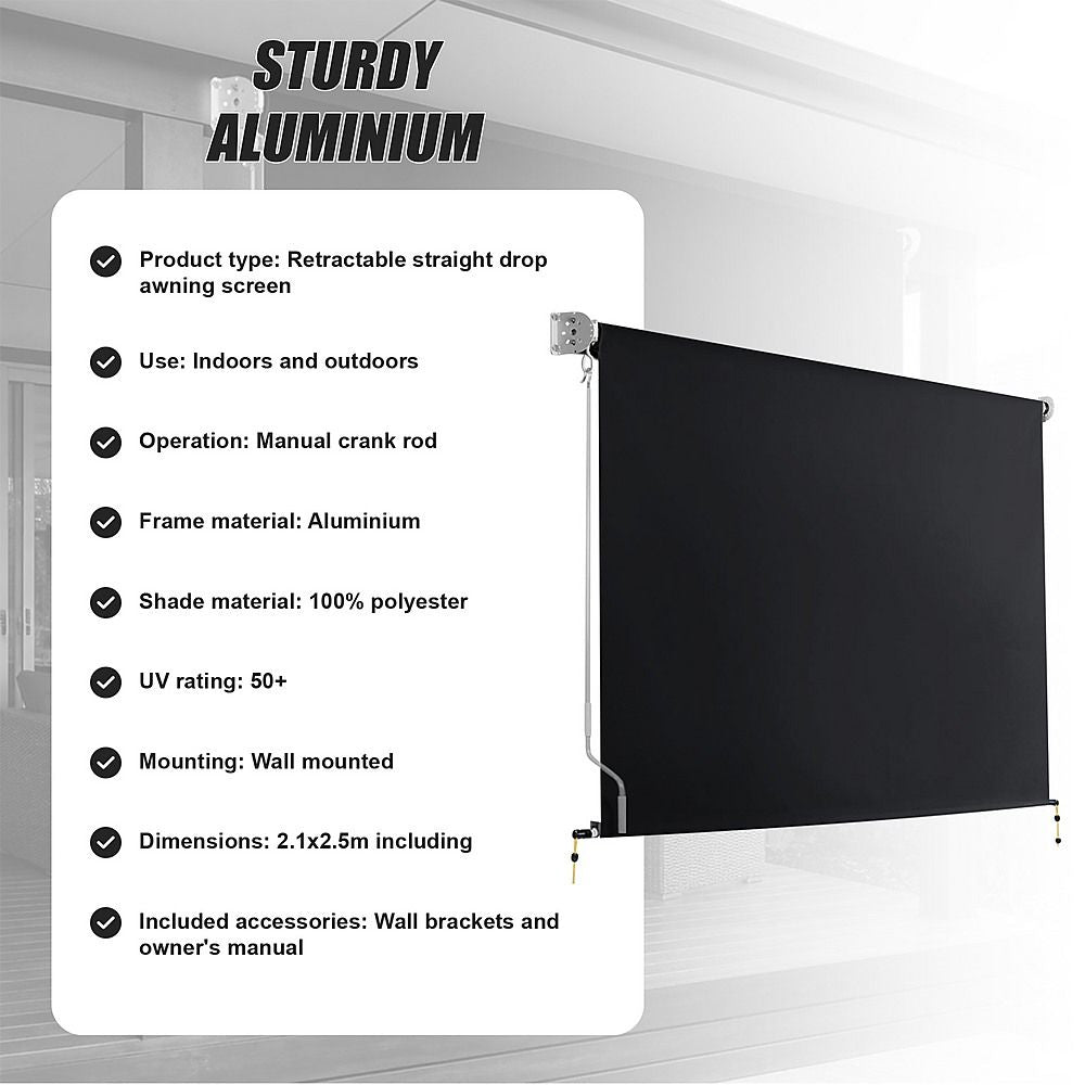 Straight Drop Awning – 2.1x2.5m Black Retractable Patio Screen