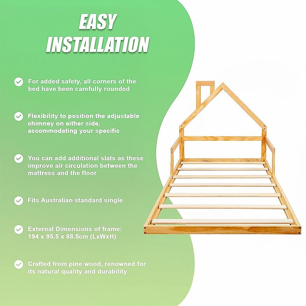 Pine Wood Floor Bed House Frame for Kids and Toddlers