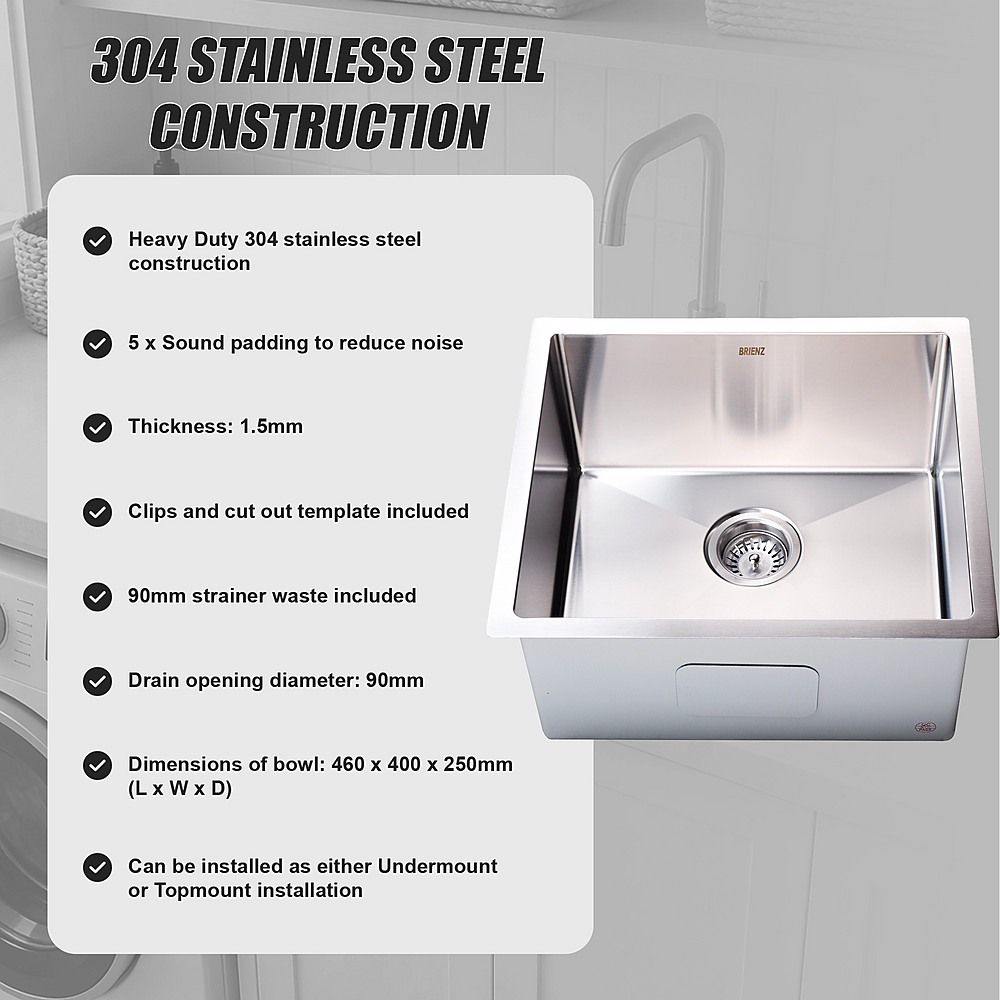 510x450mm Handmade 1.5mm 16 Gauge Stainless Steel Kitchen Laundry Sink with Waste
