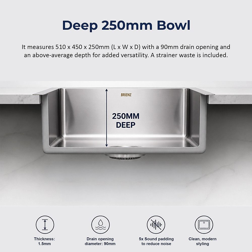 510x450mm Handmade 1.5mm 16 Gauge Stainless Steel Kitchen Laundry Sink with Waste