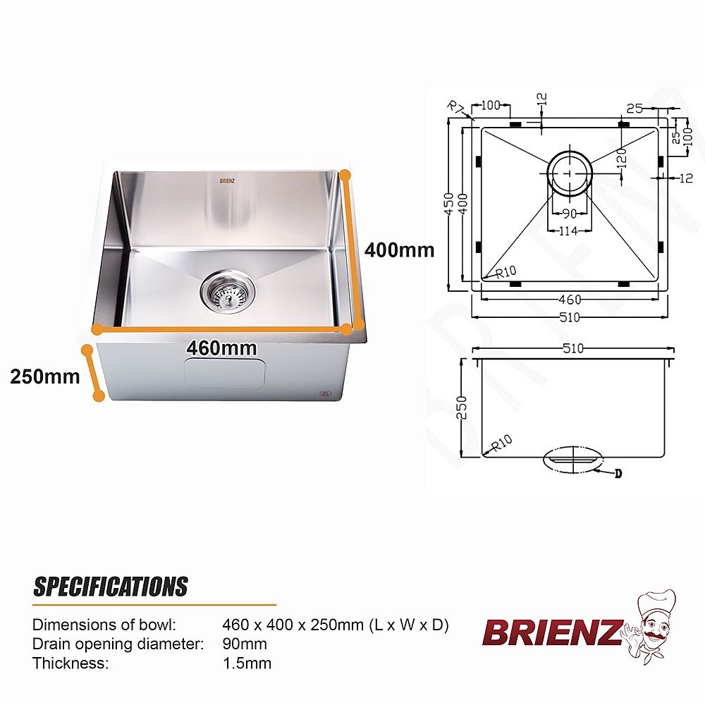 510x450mm Handmade 1.5mm 16 Gauge Stainless Steel Kitchen Laundry Sink with Waste