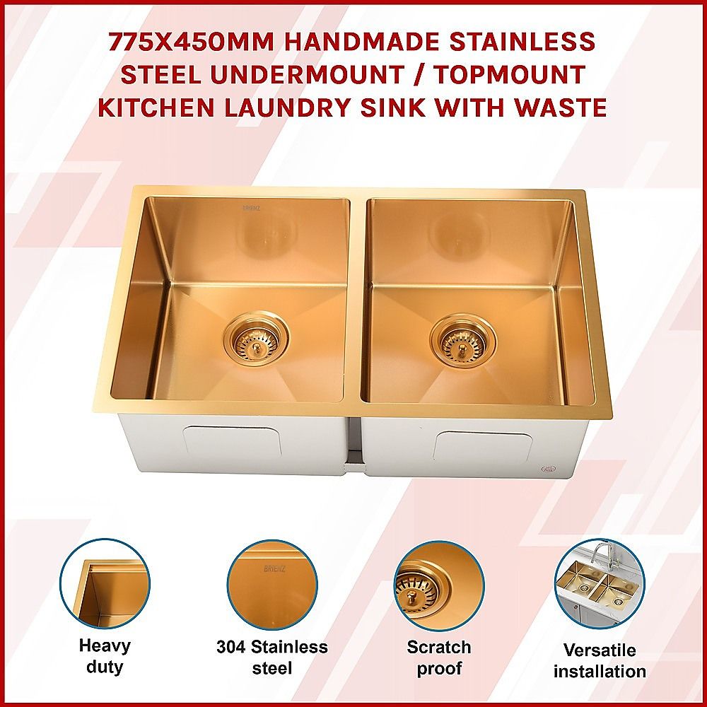 775x450mm Handmade Stainless Steel Undermount / Topmount Kitchen Laundry Sink with Waste