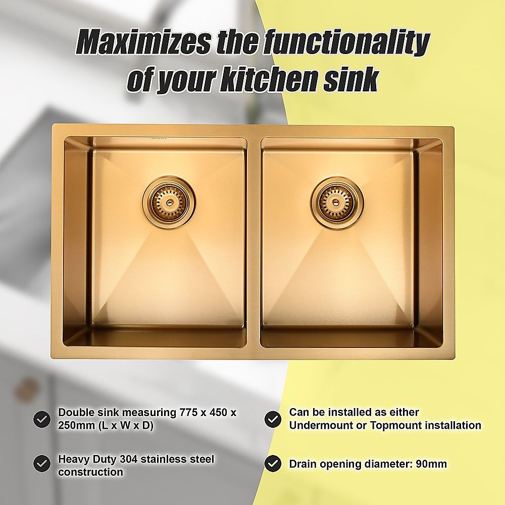 775x450mm Handmade 1.5mm 16 Gauge Gold Finish Stainless Steel Kitchen Laundry Sink with Waste