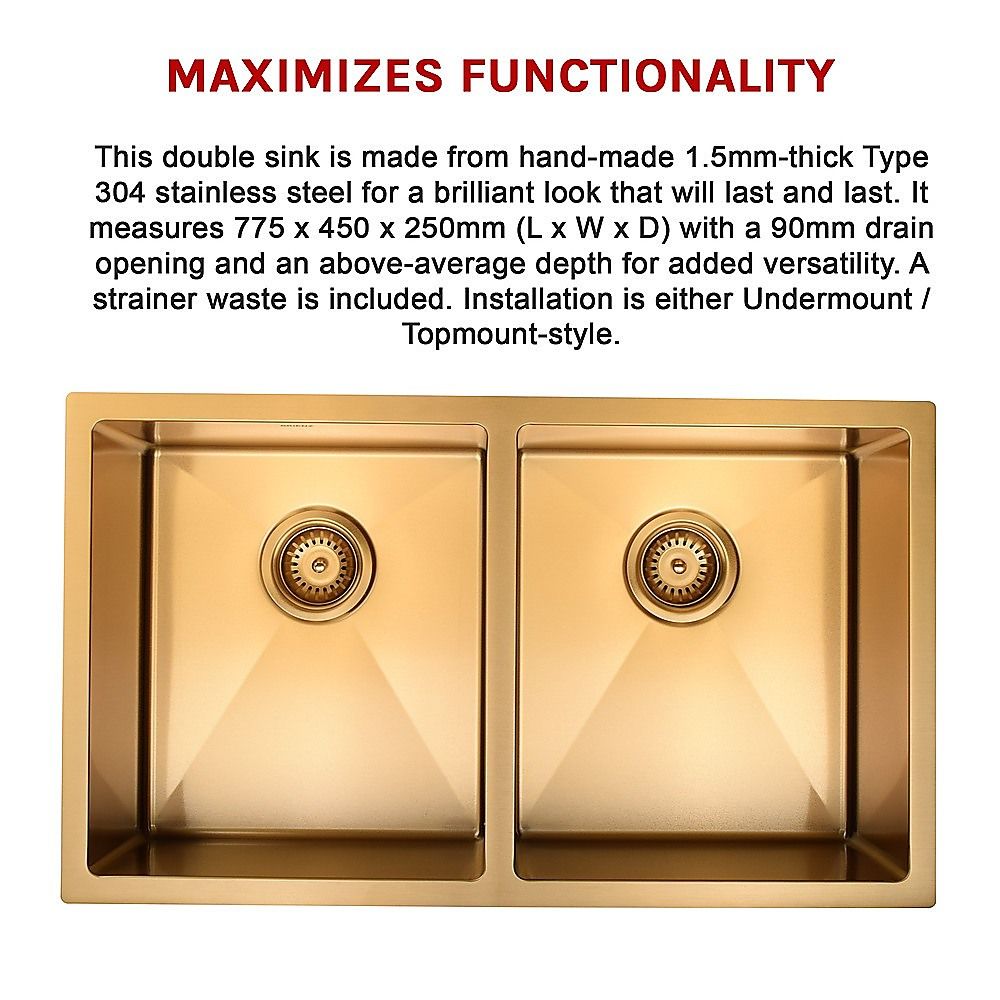775x450mm Handmade 1.5mm 16 Gauge Gold Finish Stainless Steel Kitchen Laundry Sink with Waste