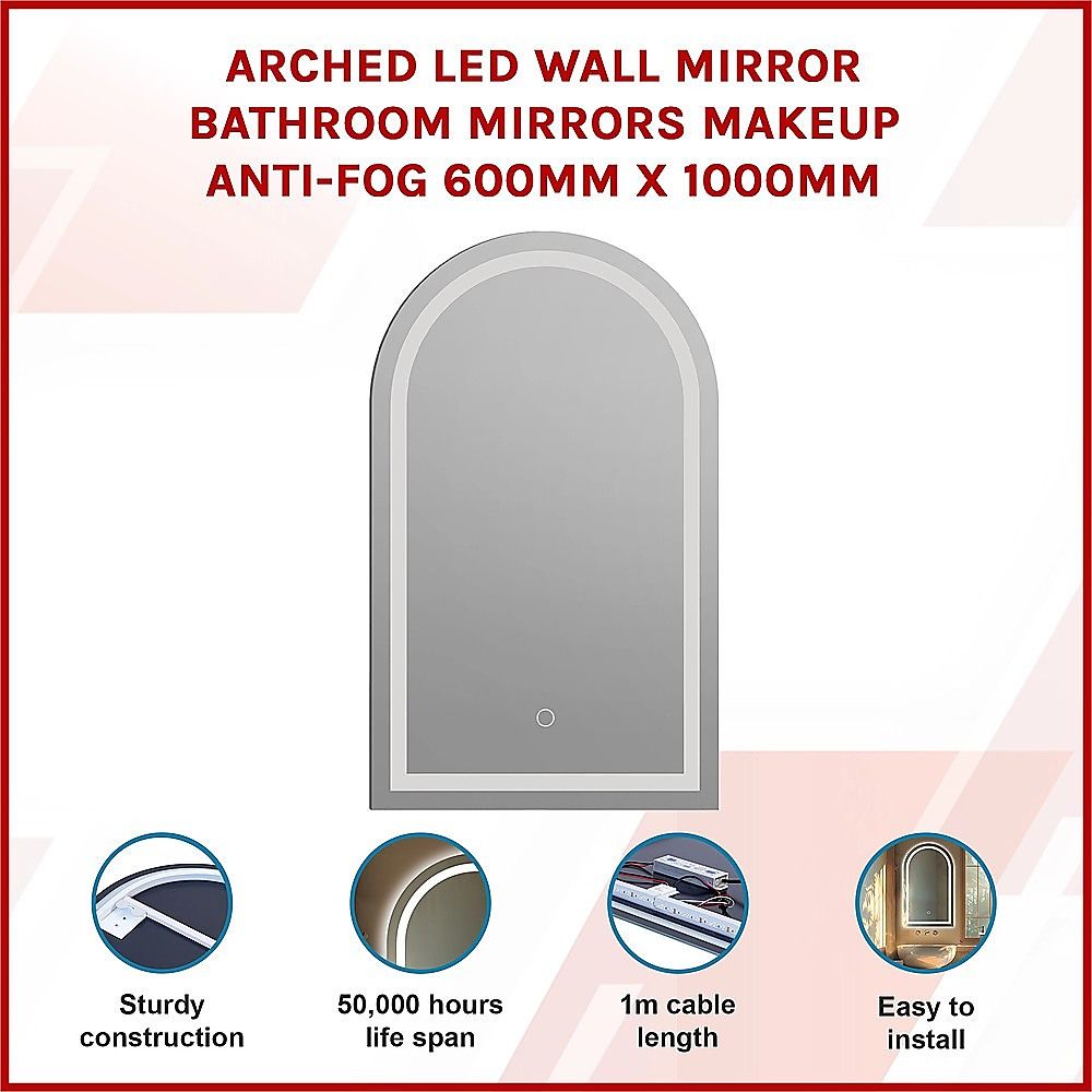 Arched LED Wall Mirror Bathroom Mirrors Makeup Anti-fog 600mm x 1000mm
