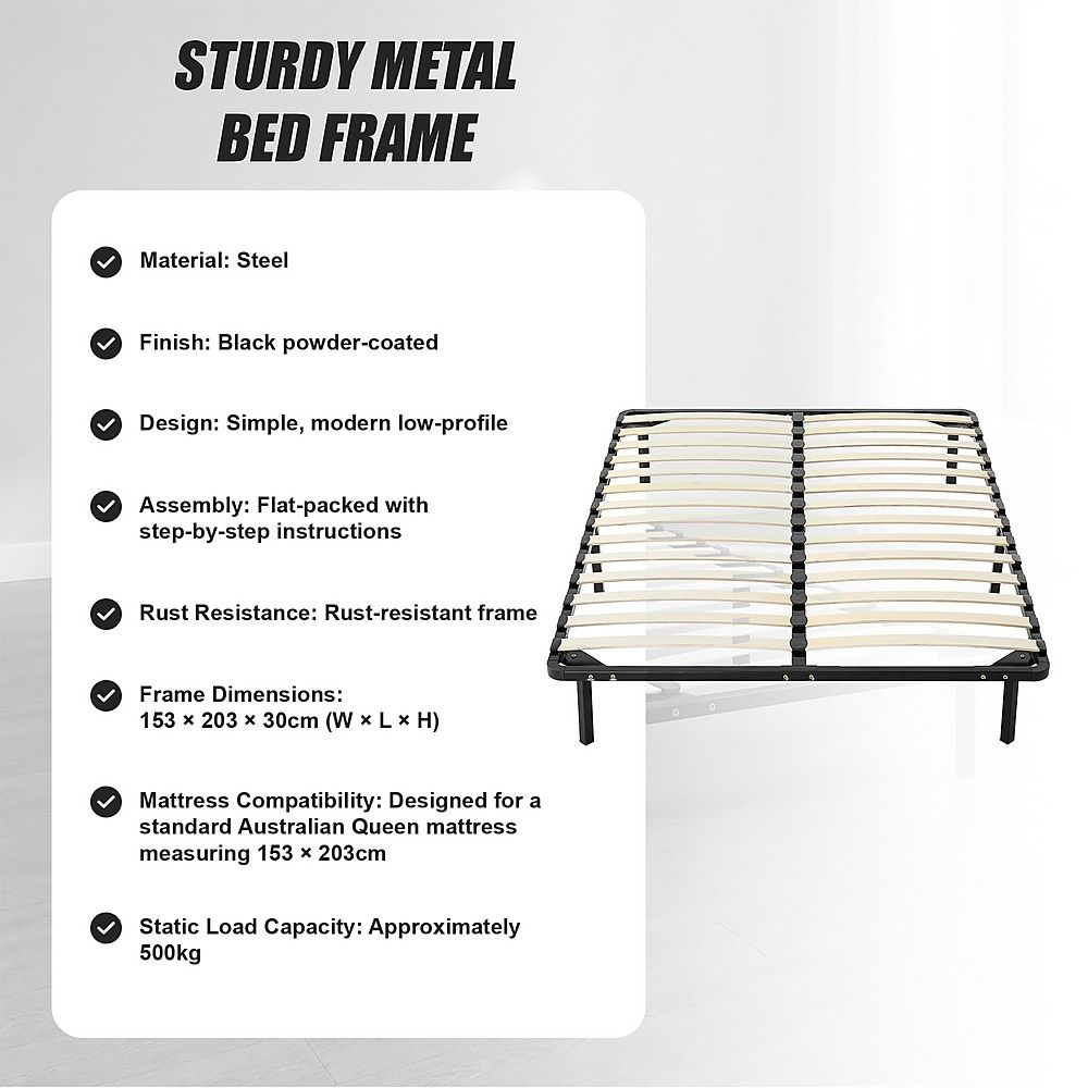 Metal Bed Frame for Queen Mattress – Black Powder-Coated Steel Base
