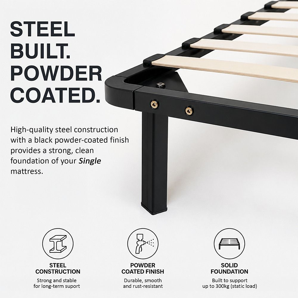 Metal Bed Frame for Single Mattress – Black Powder-Coated Steel Base