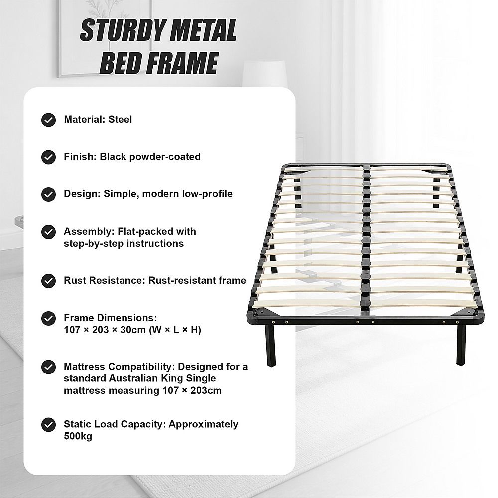 Metal Bed Frame for King Single Mattress – Black Powder-Coated Steel Base