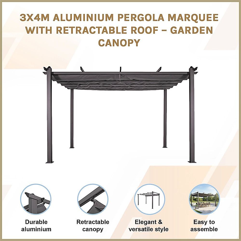 3x4M Aluminium Pergola Marquee with Retractable Roof – Garden Canopy