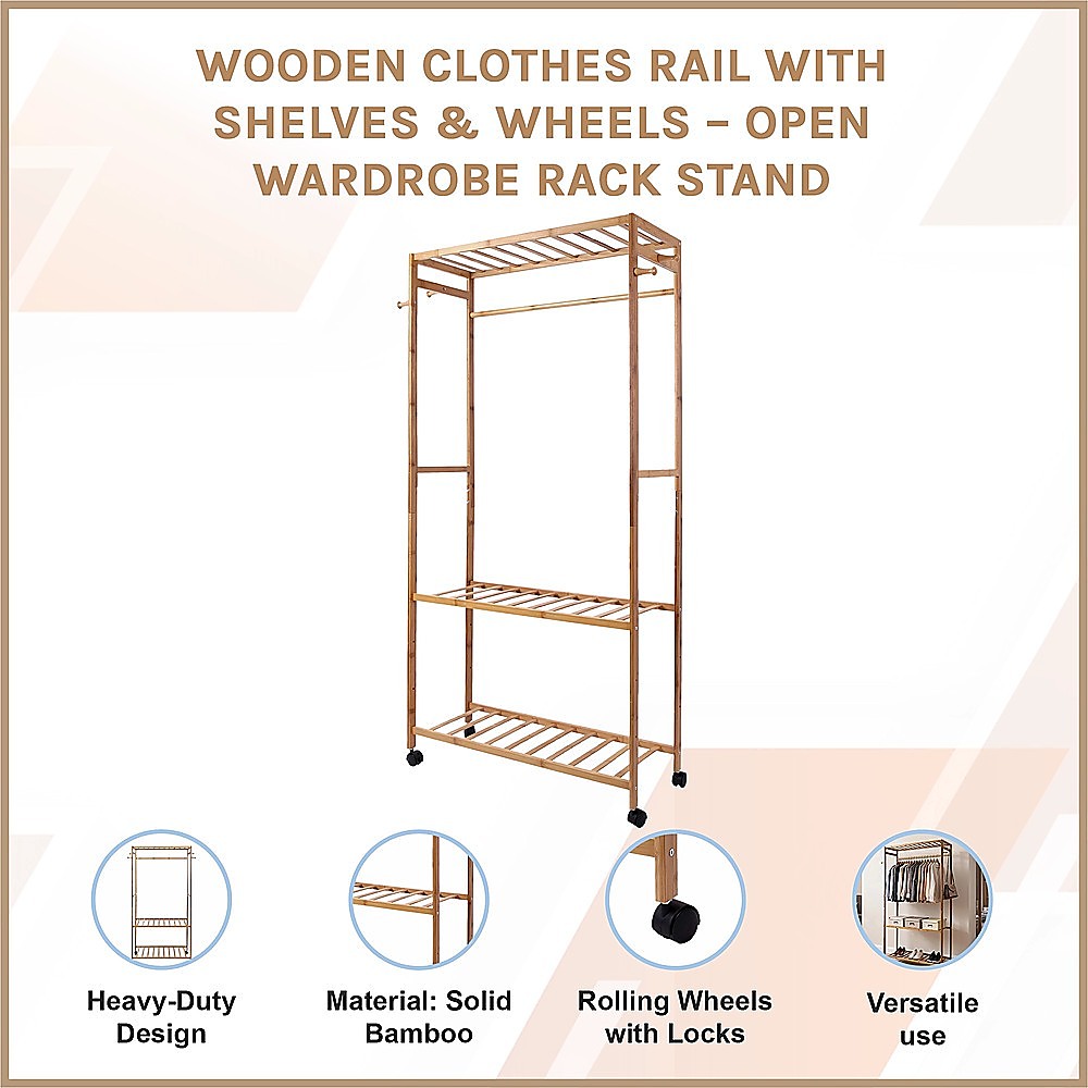 Wooden Clothes Rail with Shelves & Wheels – Open Wardrobe Rack Stand