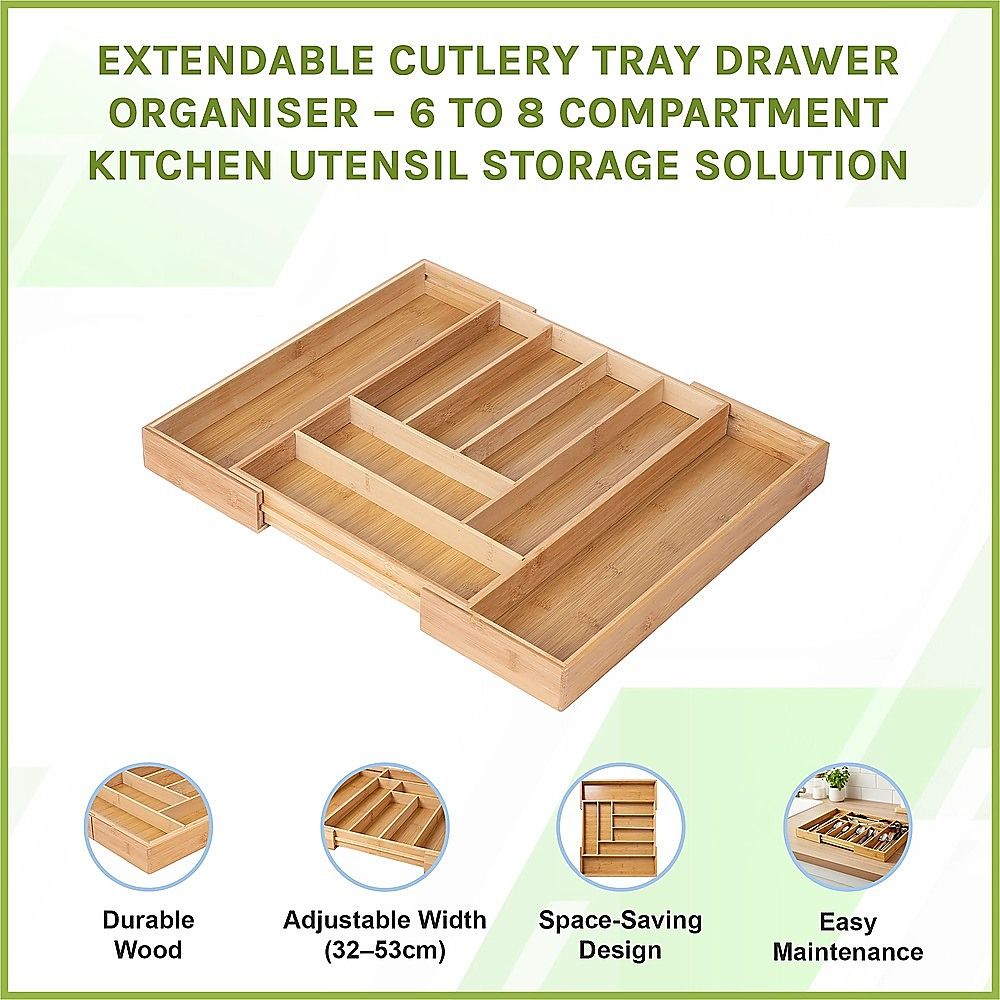 Extendable Cutlery Tray Drawer Organiser – 6 to 8 Compartment Kitchen Utensil Storage Solution