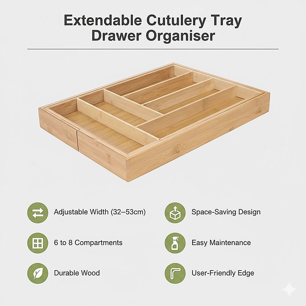 Extendable Cutlery Tray Drawer Organiser – 6 to 8 Compartment Kitchen Utensil Storage Solution