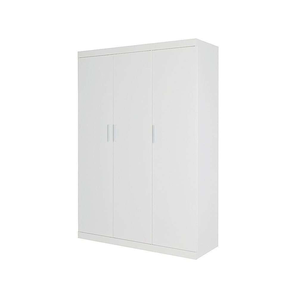 3 Door White Wardrobe – White Handles, Hanging Rail & Shelves