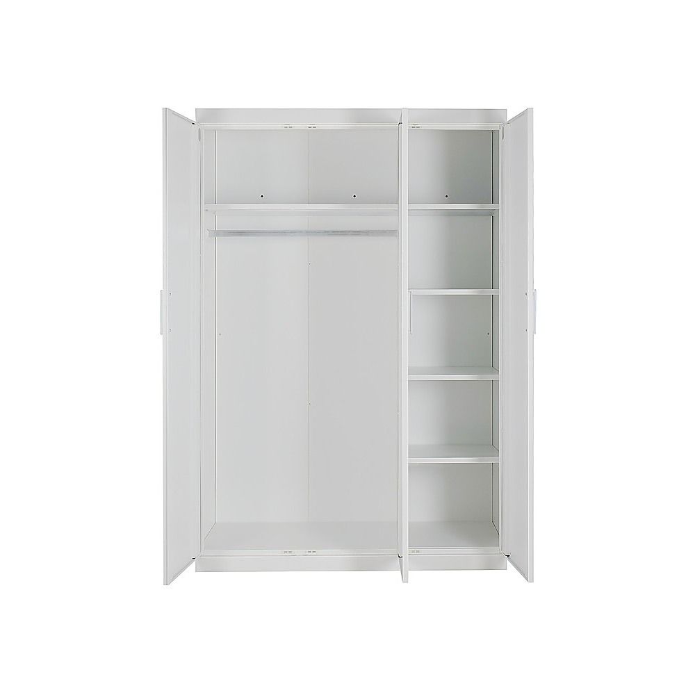 3 Door White Wardrobe – White Handles, Hanging Rail & Shelves