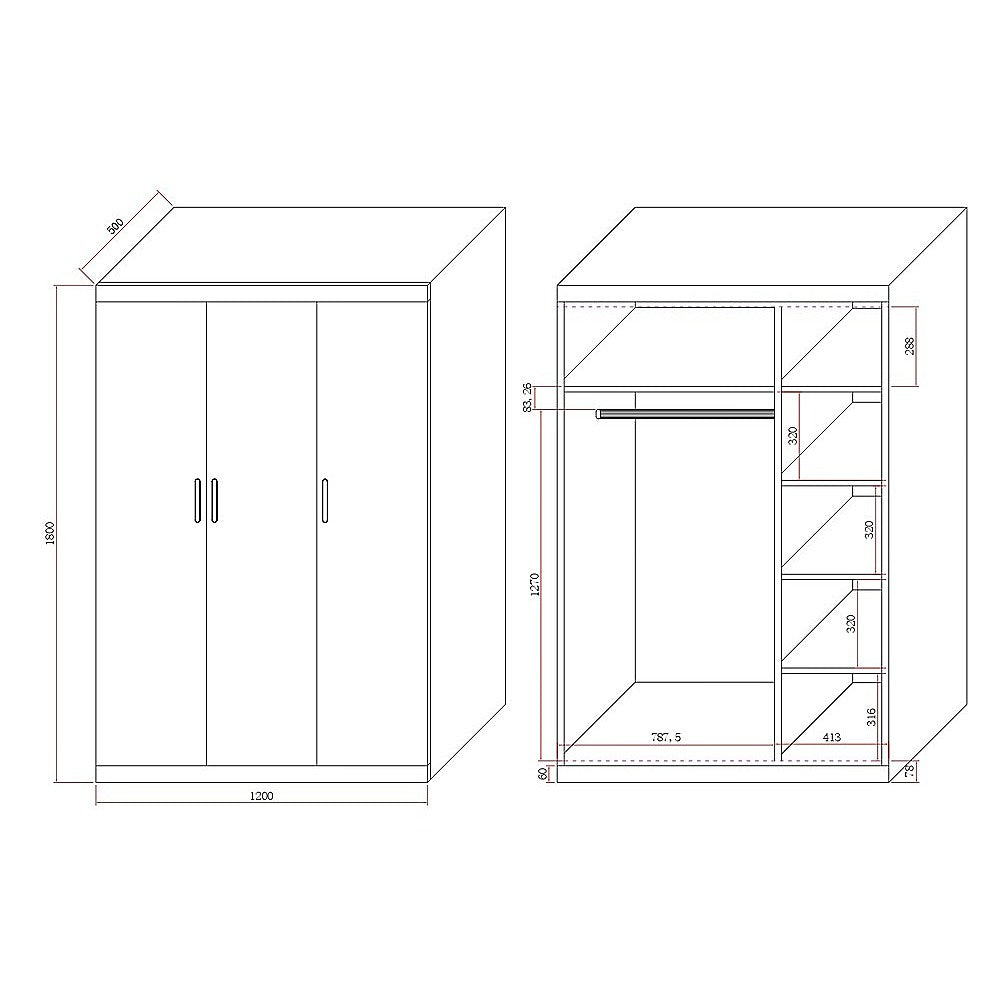 3 Door White Wardrobe – Black Handles, Hanging Rail & Shelves