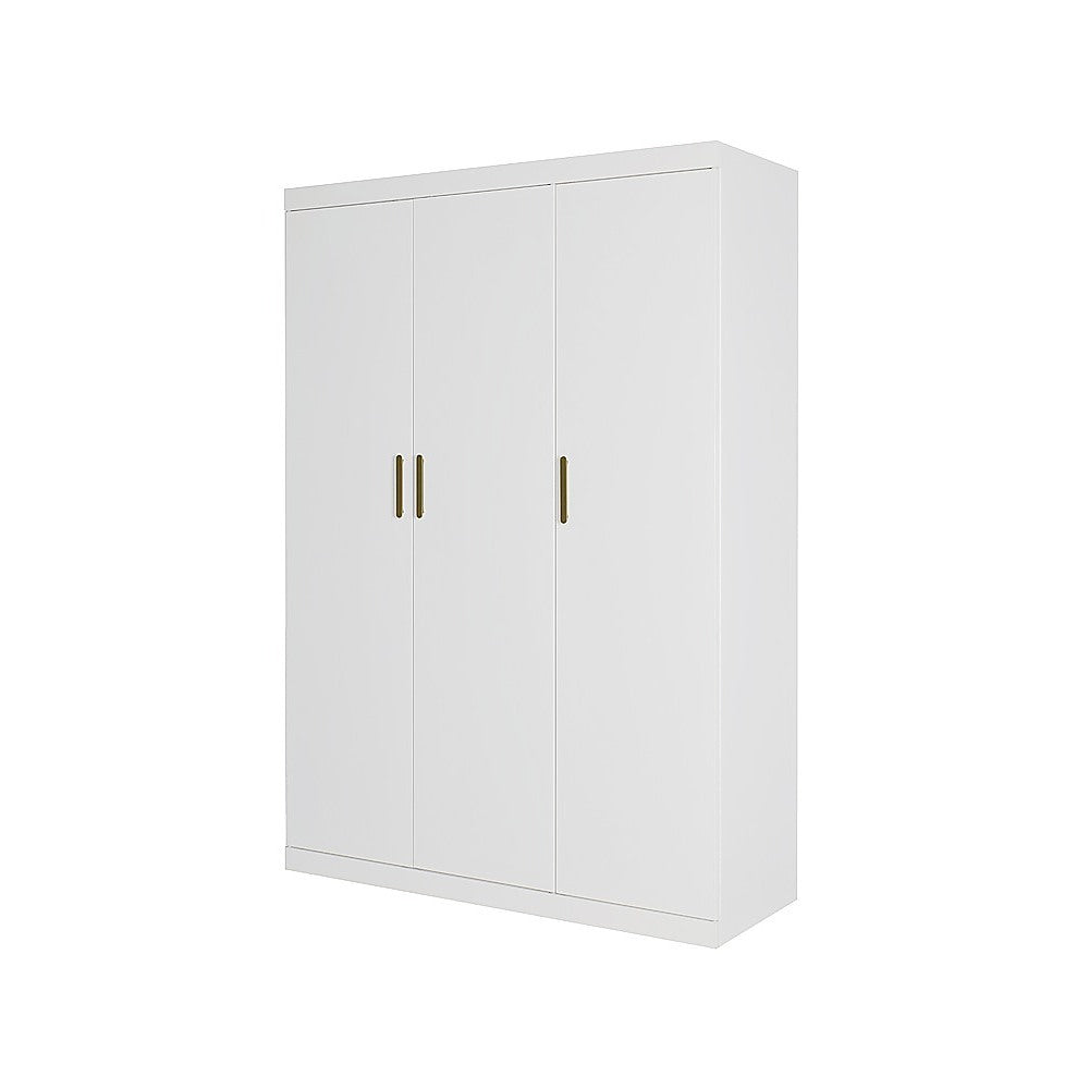 3 Door White Wardrobe – Gold Handles, Hanging Rail & Shelves