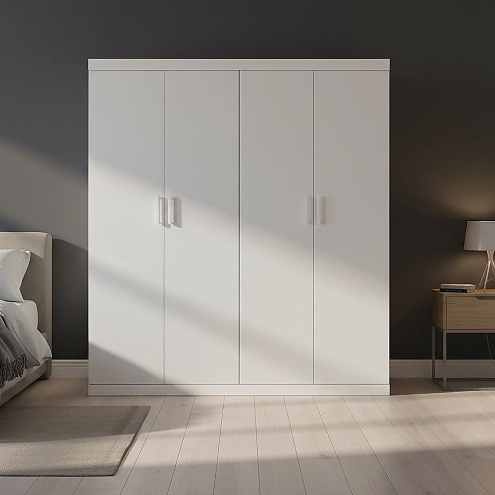 4 Door White Wardrobe Cabinet – Hanging Rail, Shelves & White Handles