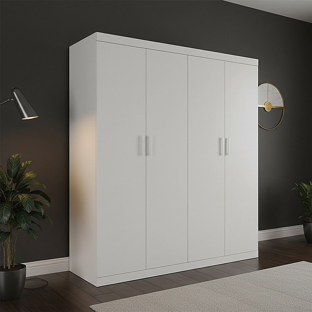 4 Door White Wardrobe Cabinet – Hanging Rail, Shelves & White Handles