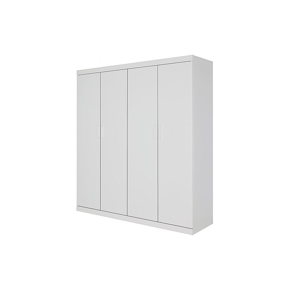 4 Door White Wardrobe Cabinet – Hanging Rail, Shelves & White Handles