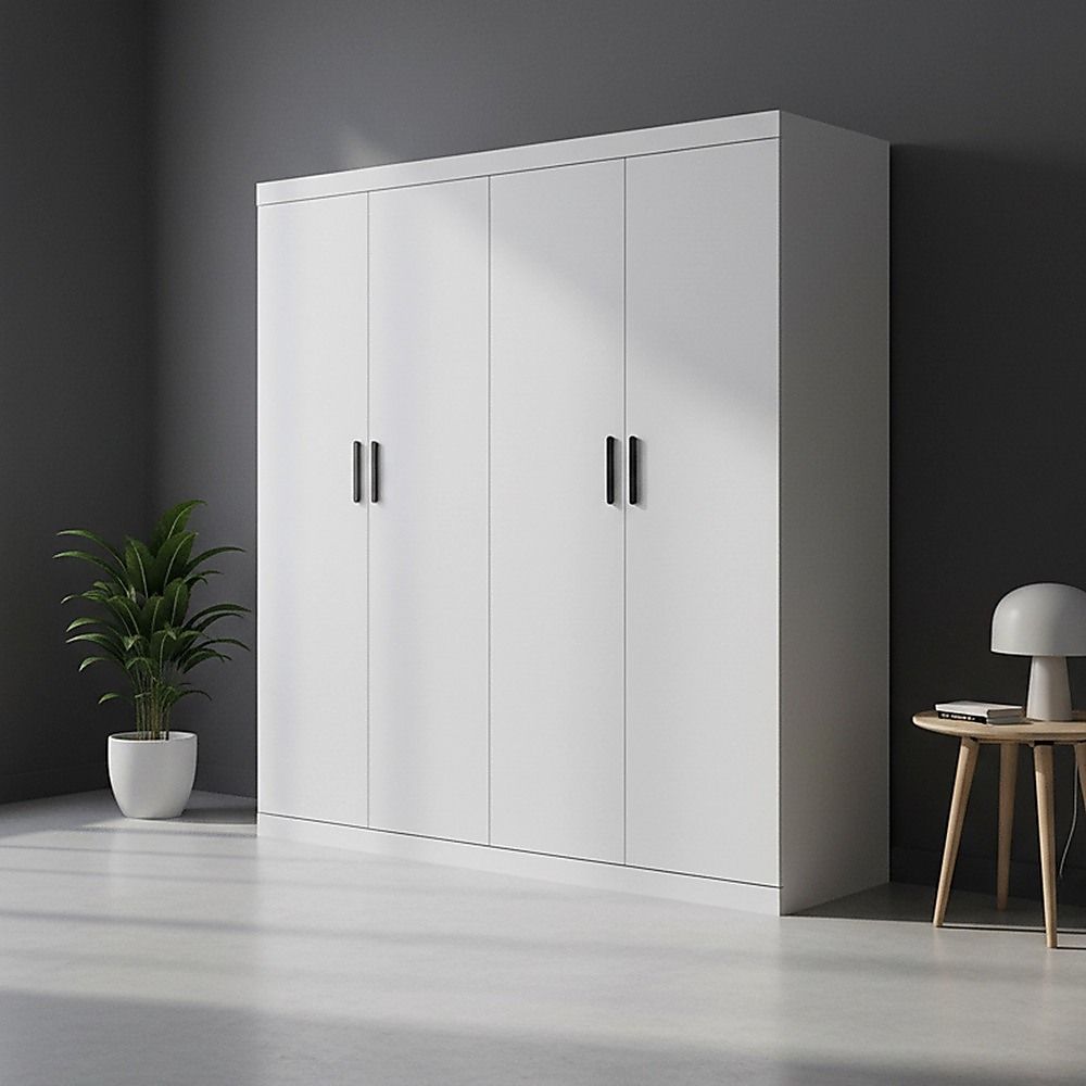 4 Door White Wardrobe Cabinet – Hanging Rail, Shelves & Black Handles