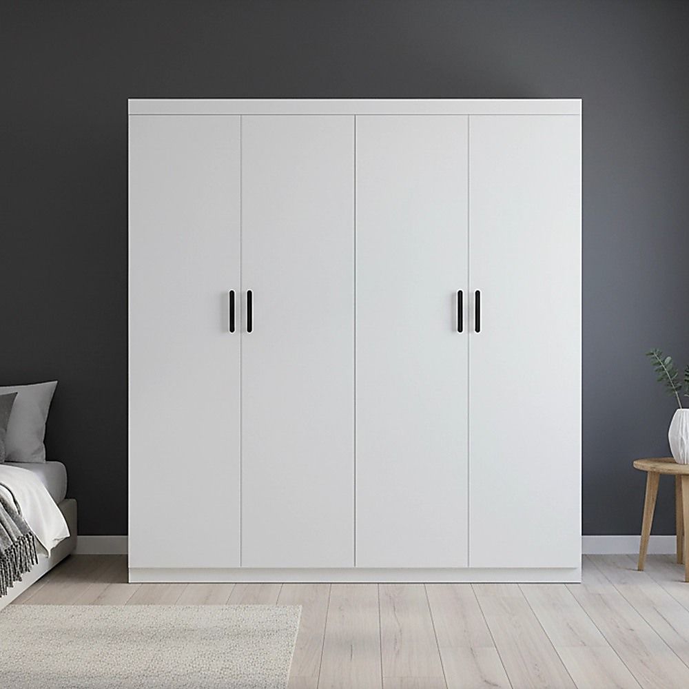 4 Door White Wardrobe Cabinet – Hanging Rail, Shelves & Black Handles