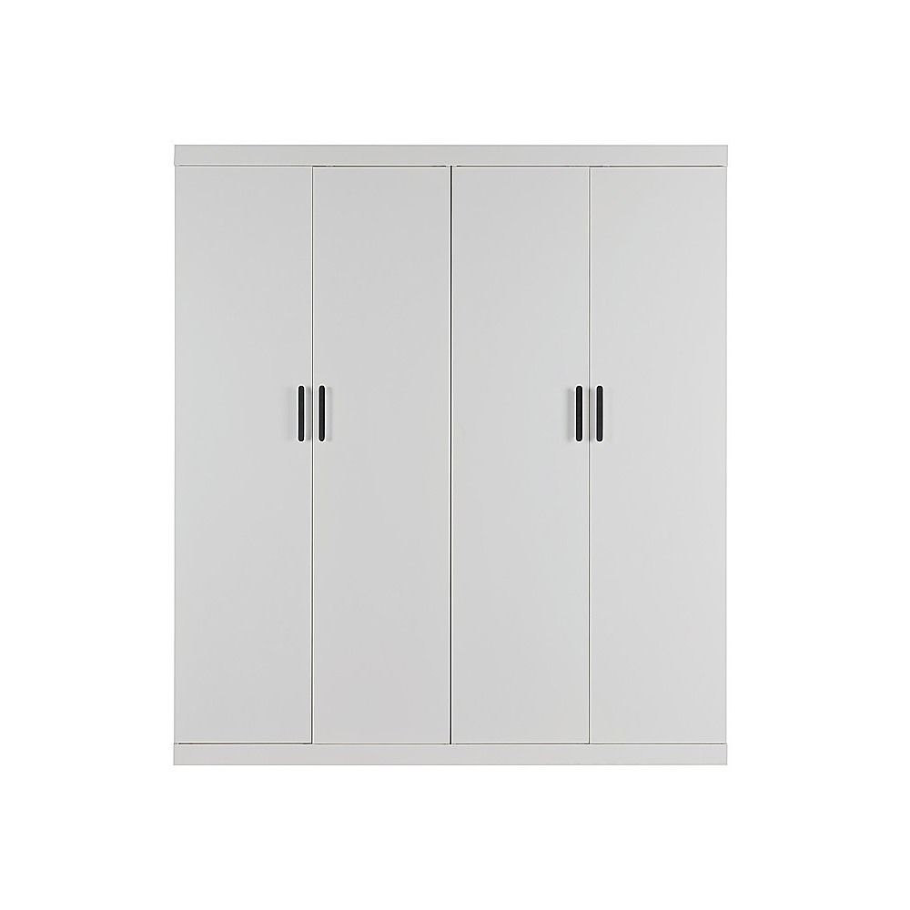 4 Door White Wardrobe Cabinet – Hanging Rail, Shelves & Black Handles