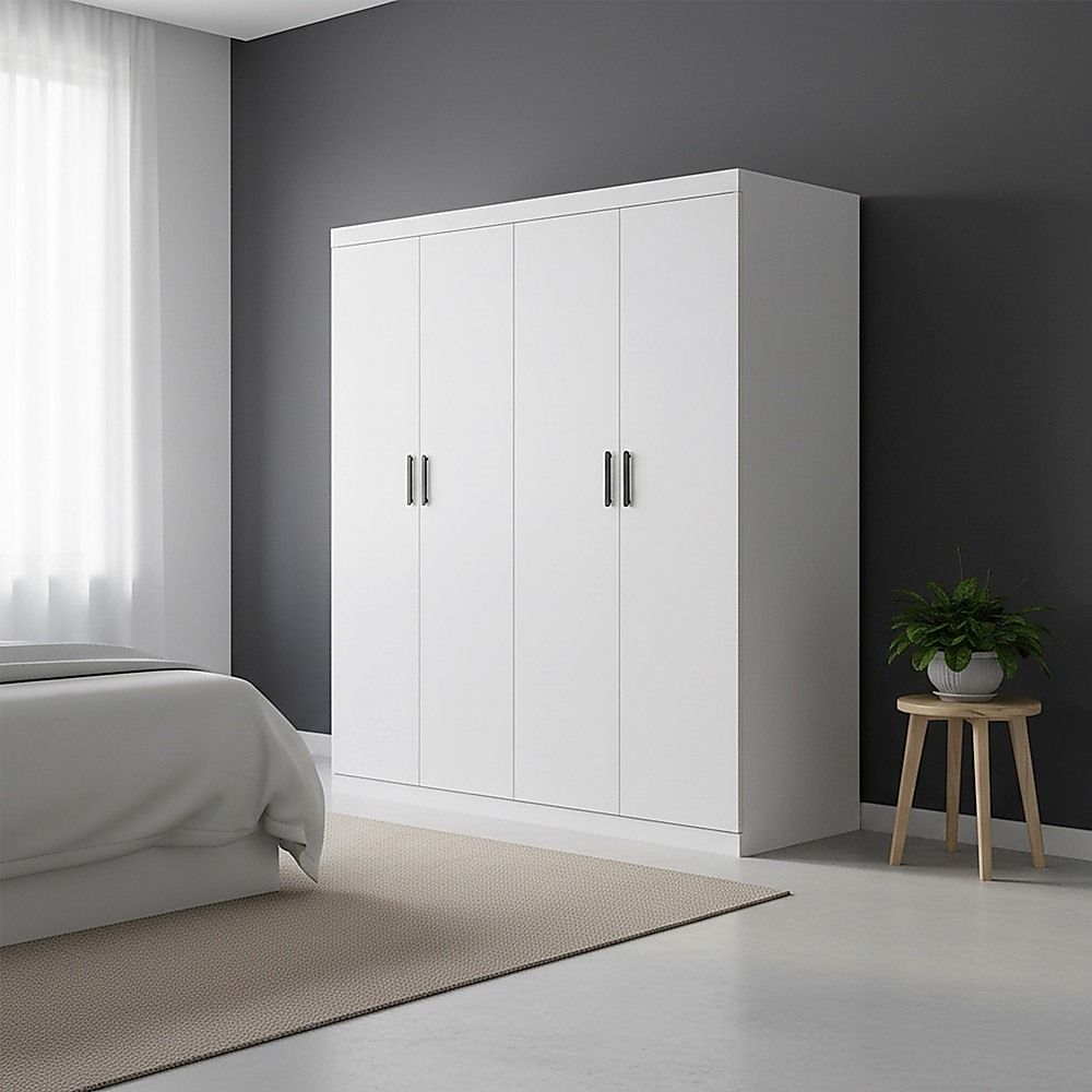 4 Door White Wardrobe Cabinet – Hanging Rail, Shelves & Black Handles