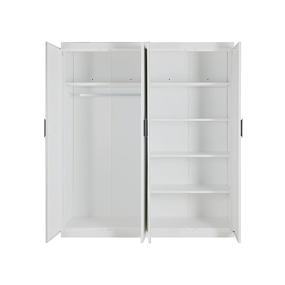 4 Door White Wardrobe Cabinet – Hanging Rail, Shelves & Black Handles