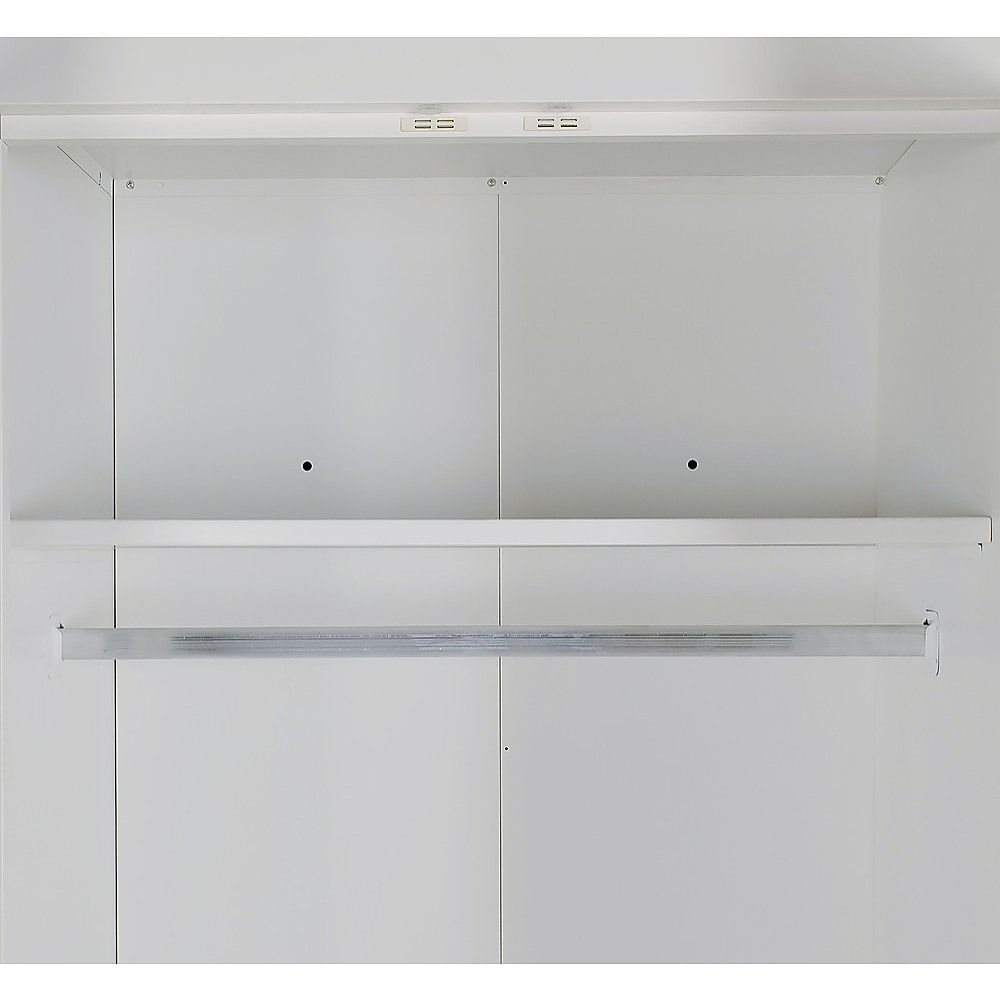 4 Door White Wardrobe Cabinet – Hanging Rail, Shelves & Black Handles