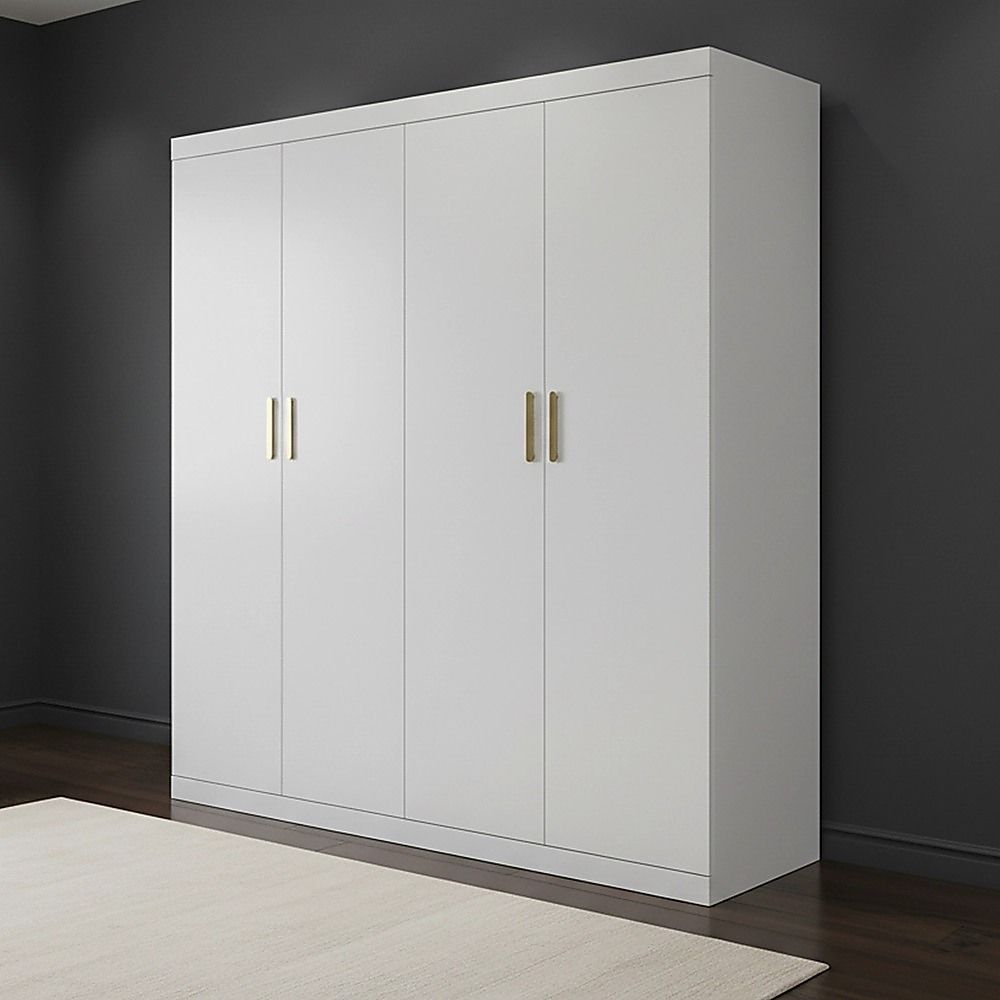 4 Door White Wardrobe Cabinet – Hanging Rail, Shelves & Gold Handles