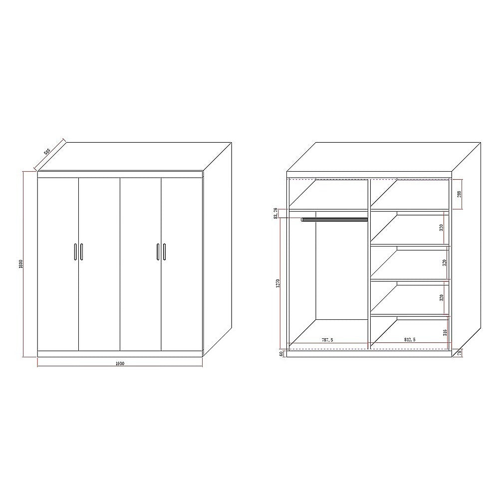 4 Door White Wardrobe Cabinet – Hanging Rail, Shelves & Gold Handles